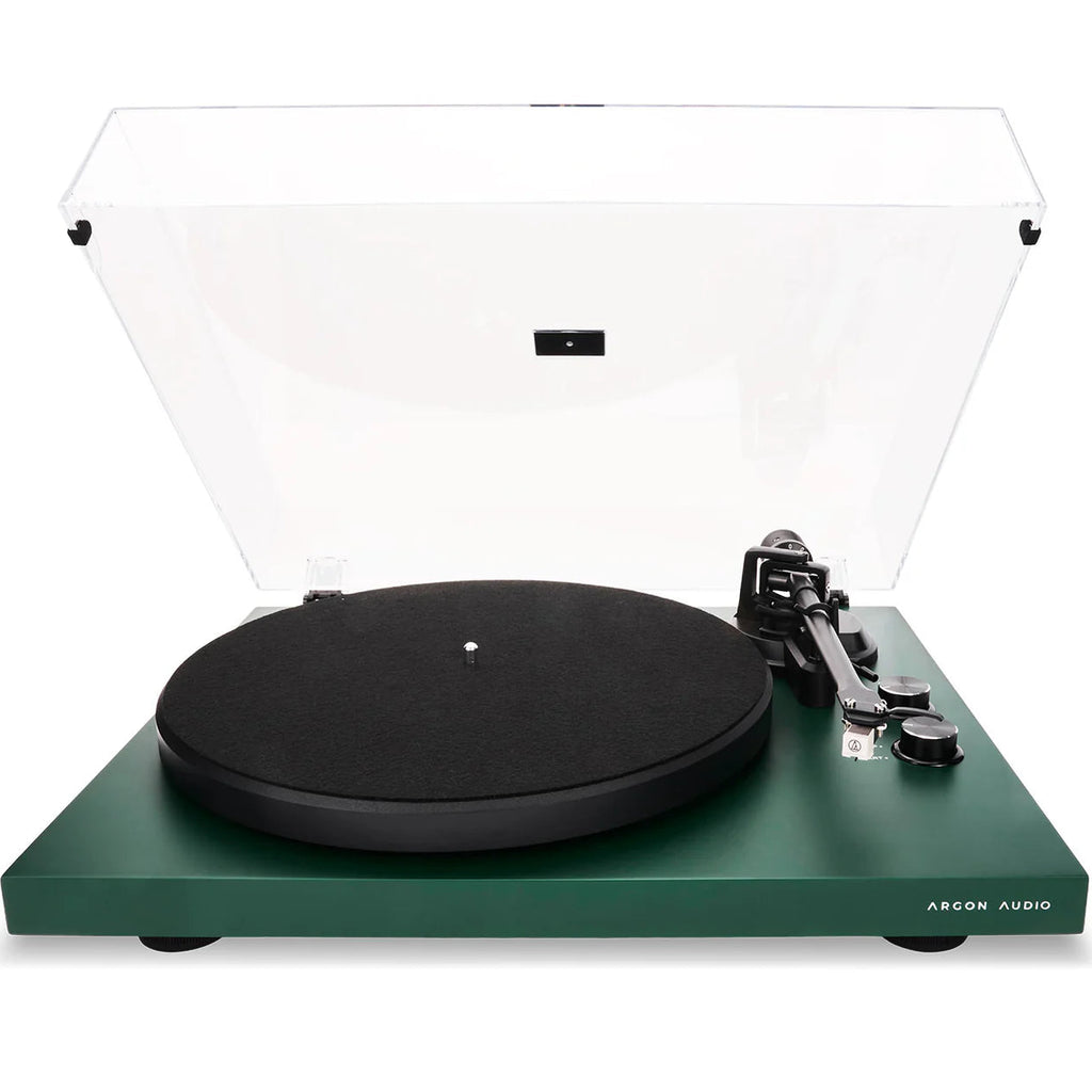 Argon Audio TT MK2 turntable with sleek black finish and wood tone plinth, featuring tonearm and control knobs.