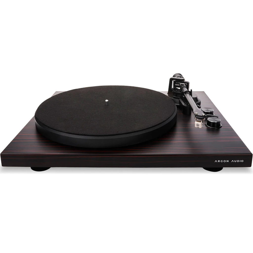 Argon Audio TT MK2 turntable with sleek black design and tonearm, ready for vinyl record playback.