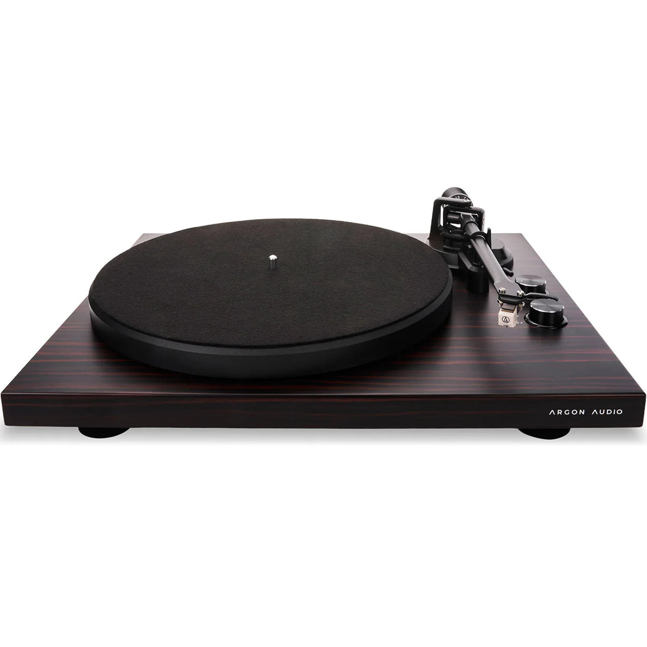 Argon Audio TT MK2 turntable with sleek black design and tonearm, ready for vinyl record playback.