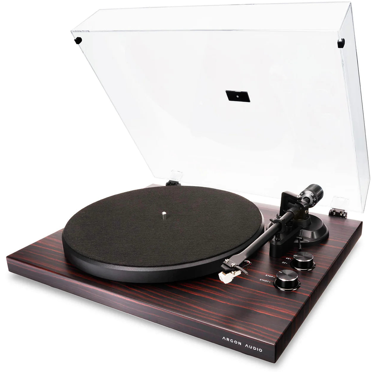 Argon Audio TT MK2 turntable with a sleek black finish, featuring a tonearm and platter for vinyl record playback.