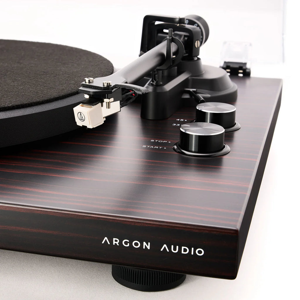 Argon Audio TT MK2 turntable with a sleek black finish and tonearm, showcasing its modern design and control features.