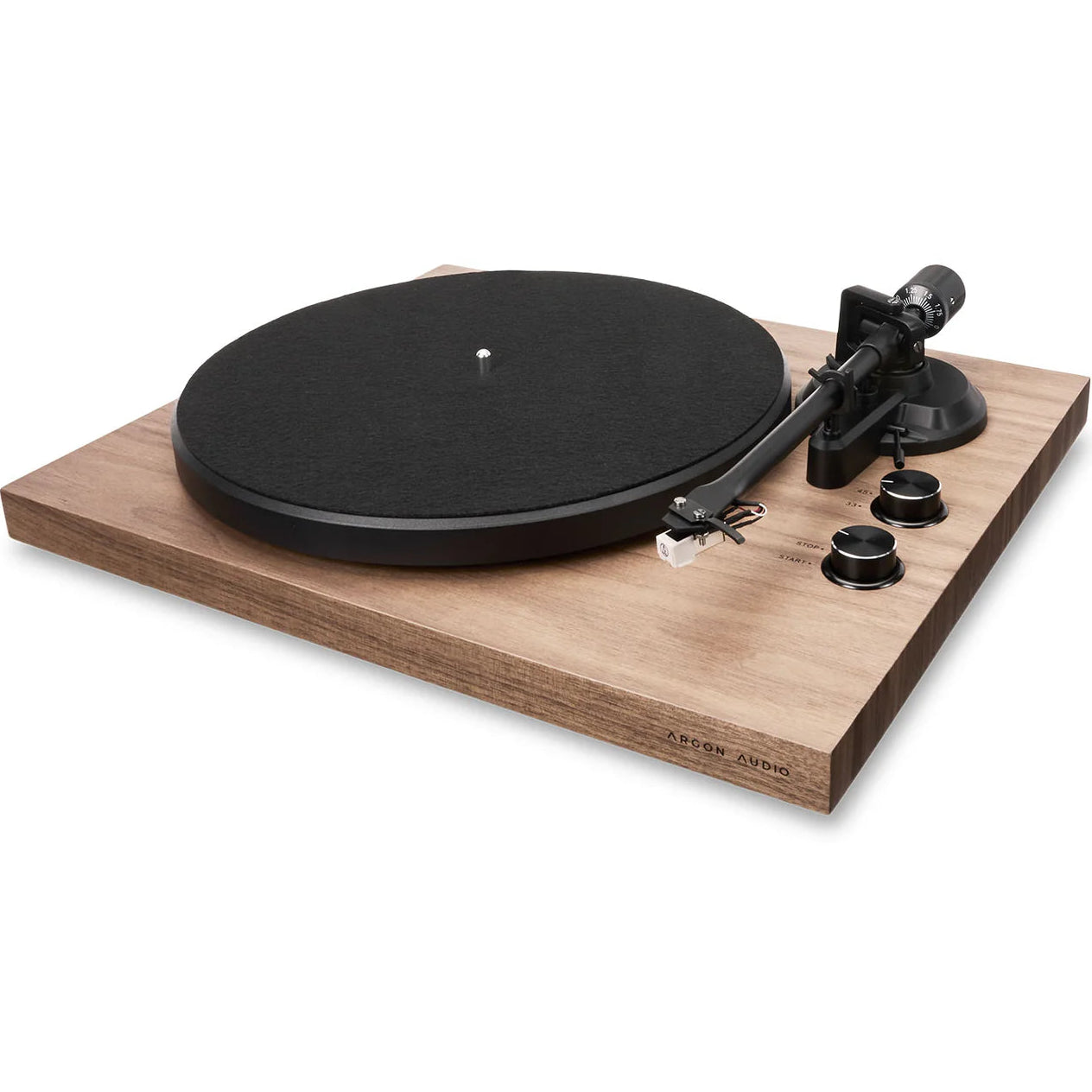 Argon Audio TT MK2 turntable with wooden plinth and tonearm, showing the sleek design and controls of the modern record player.