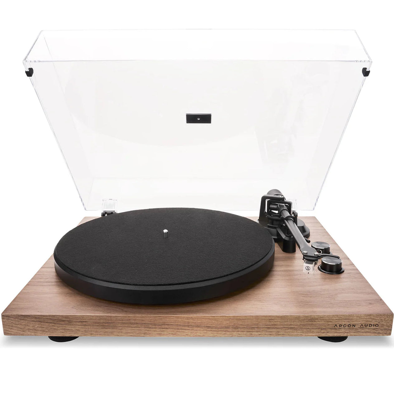 Argon Audio TT MK2 turntable with sleek white finish, showcasing tonearm, platter, and control buttons.