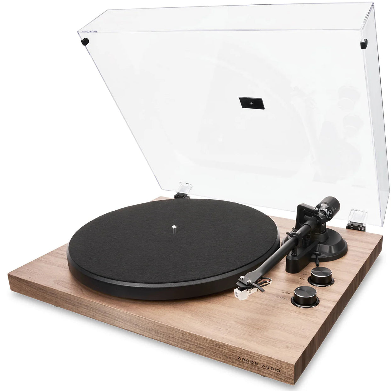 Argon Audio TT MK2 turntable with wooden plinth and tonearm, close-up view of the Argon Audio TT MK2 turntable on a white background.