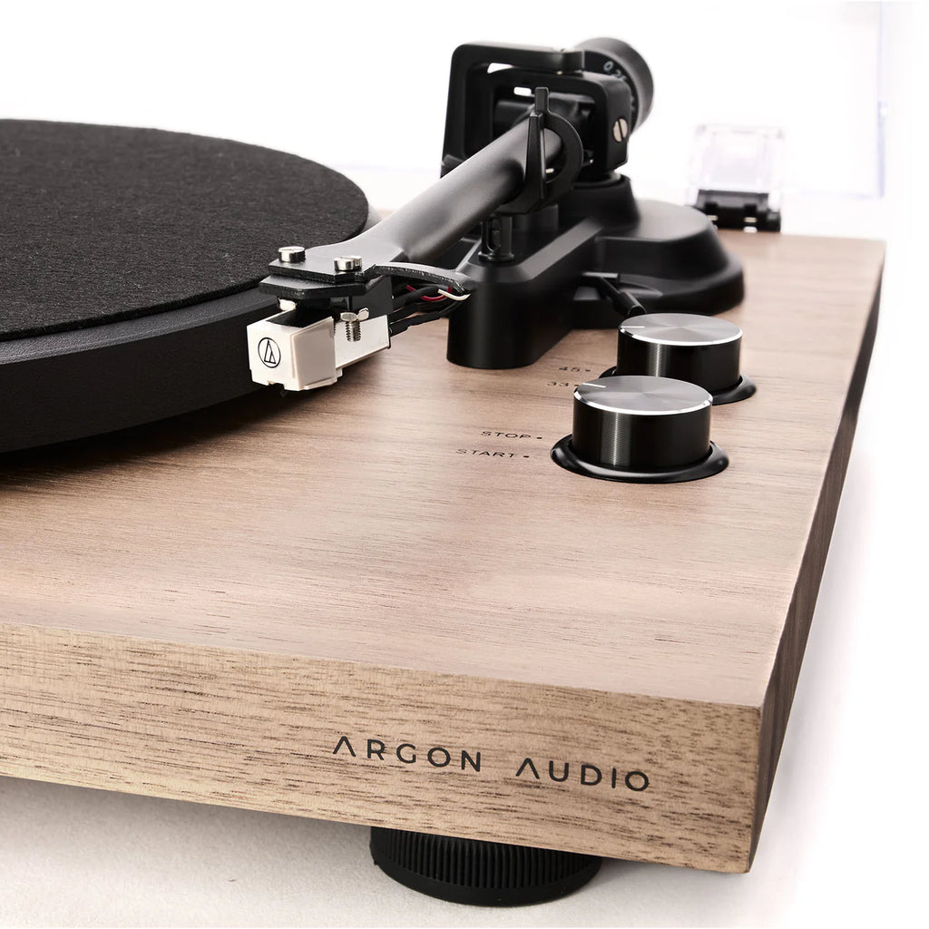Argon Audio TT MK2 turntable with sleek wooden finish and tonearm, designed for high-quality vinyl playback.