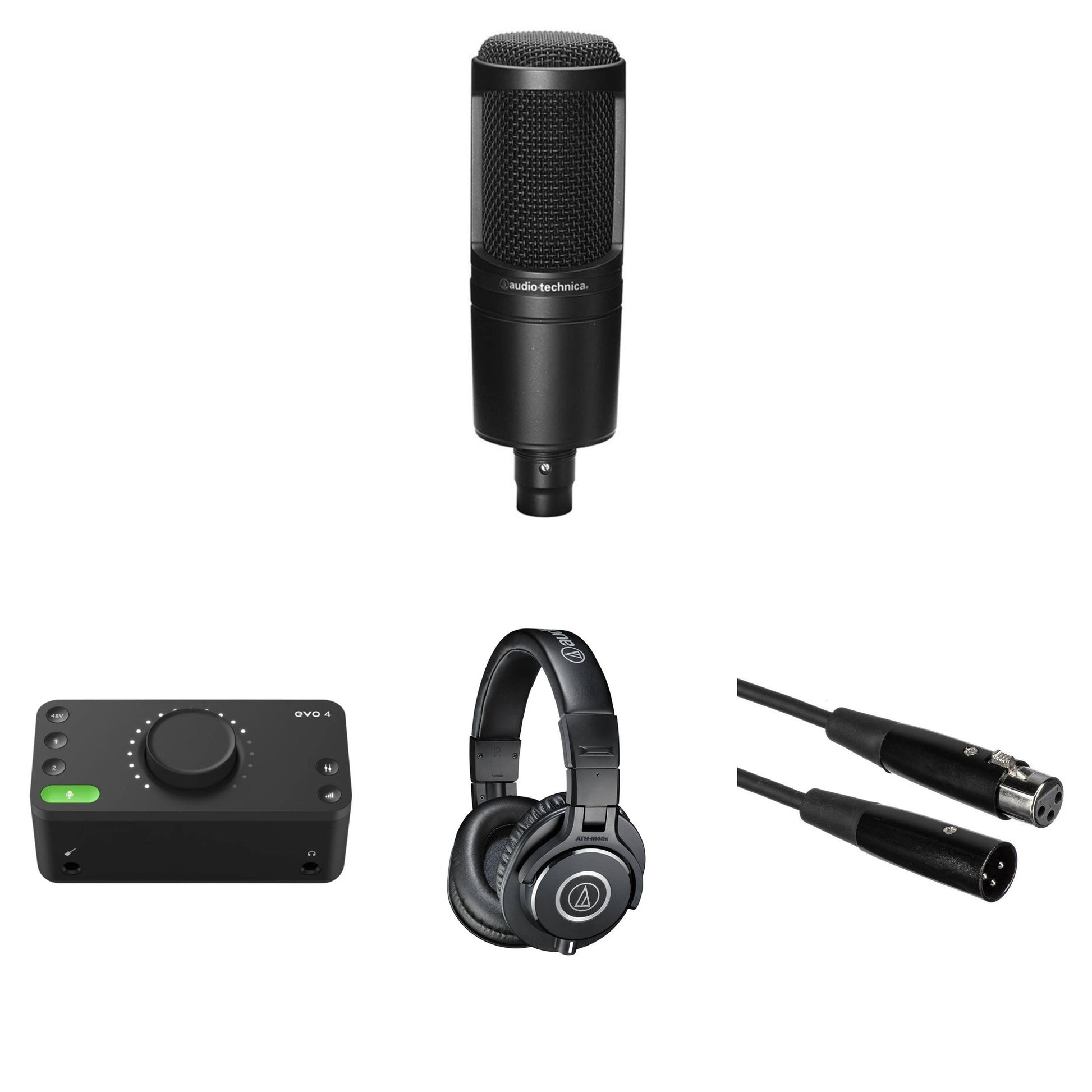 Audio-Technica AT 2020 home studio microphone bundle with microphone, stand, and accessories for professional recording.