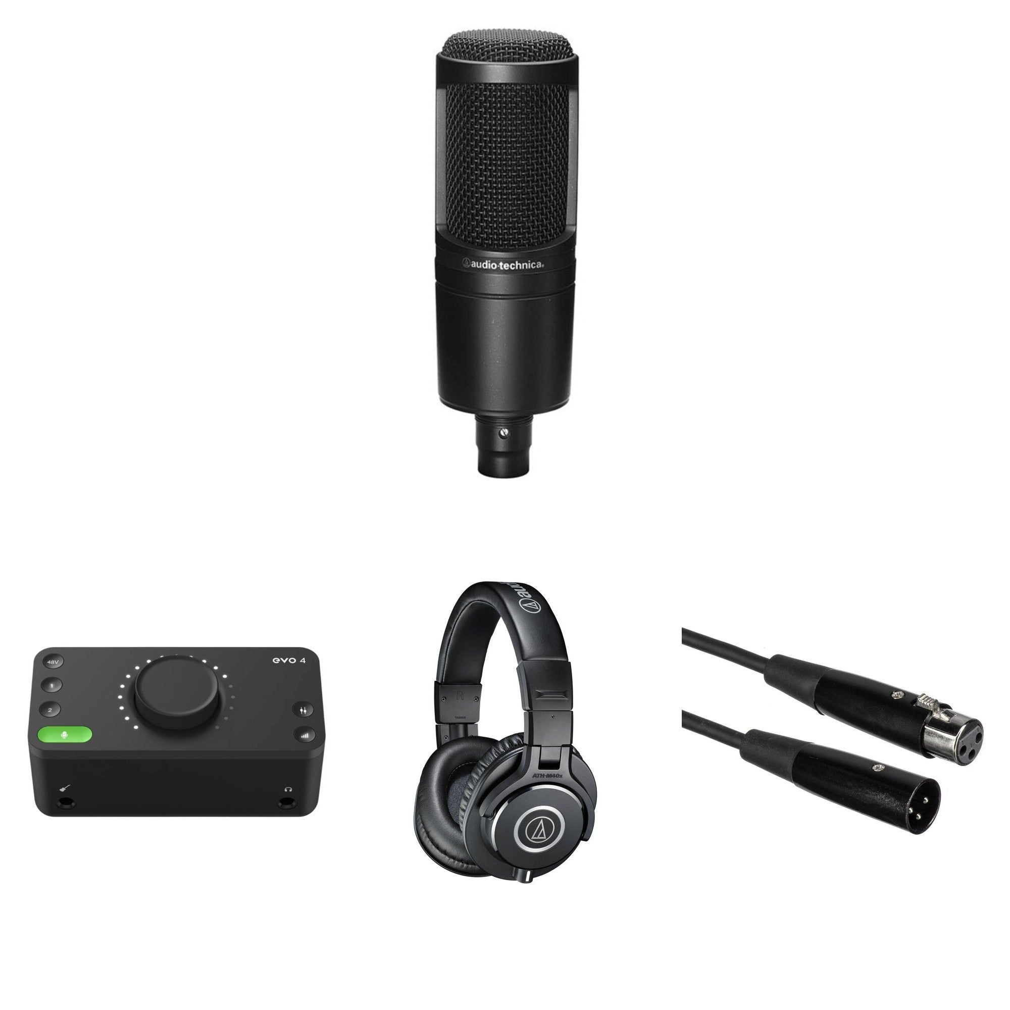 Audio-Technica AT 2020 home studio microphone bundle with microphone, stand, and accessories for professional recording.