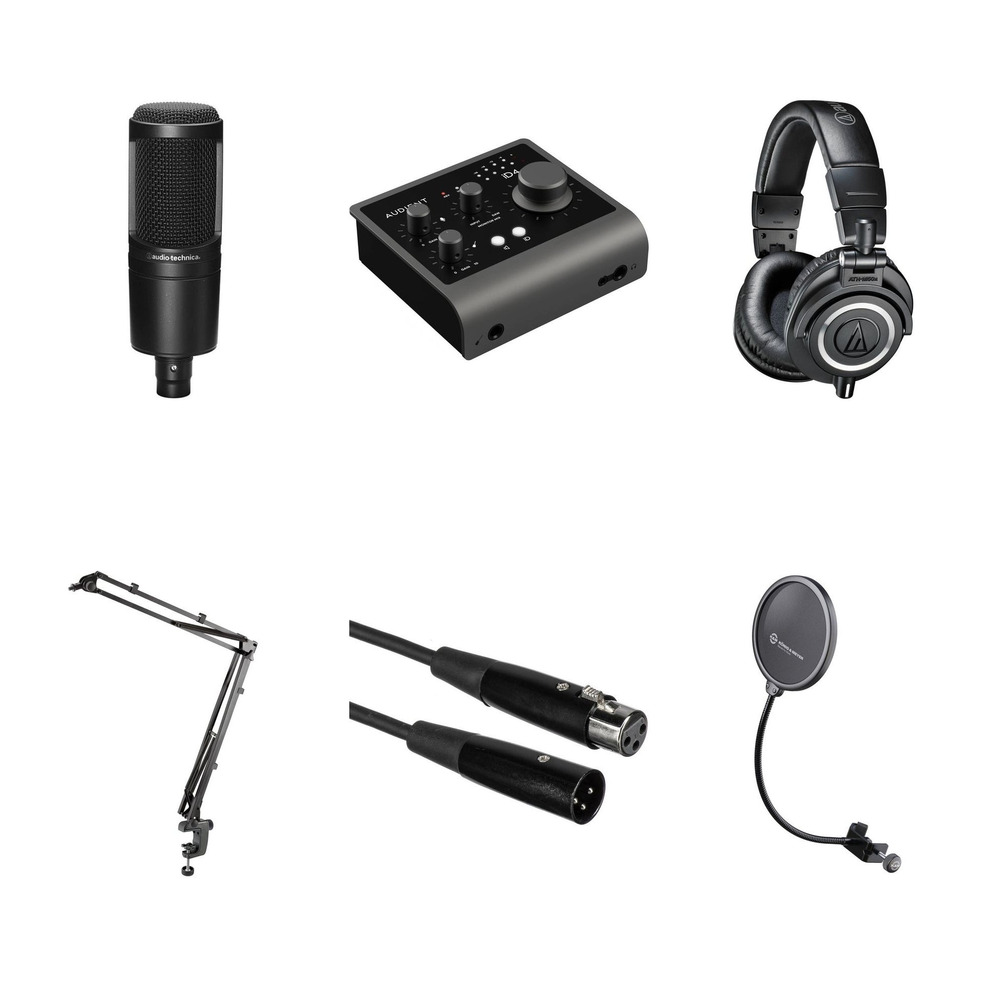 Audio-Technica AT 2020 Producer Kit with condenser microphone, audio interface, headphones, and accessories for home recording.