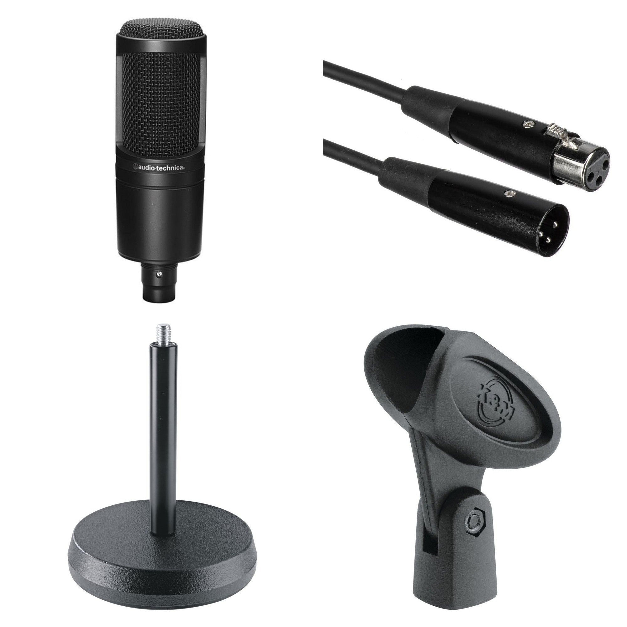 Audio-Technica AT 2020 microphone starter kit with microphone, shock mount, and accessories for home recording and podcasting.