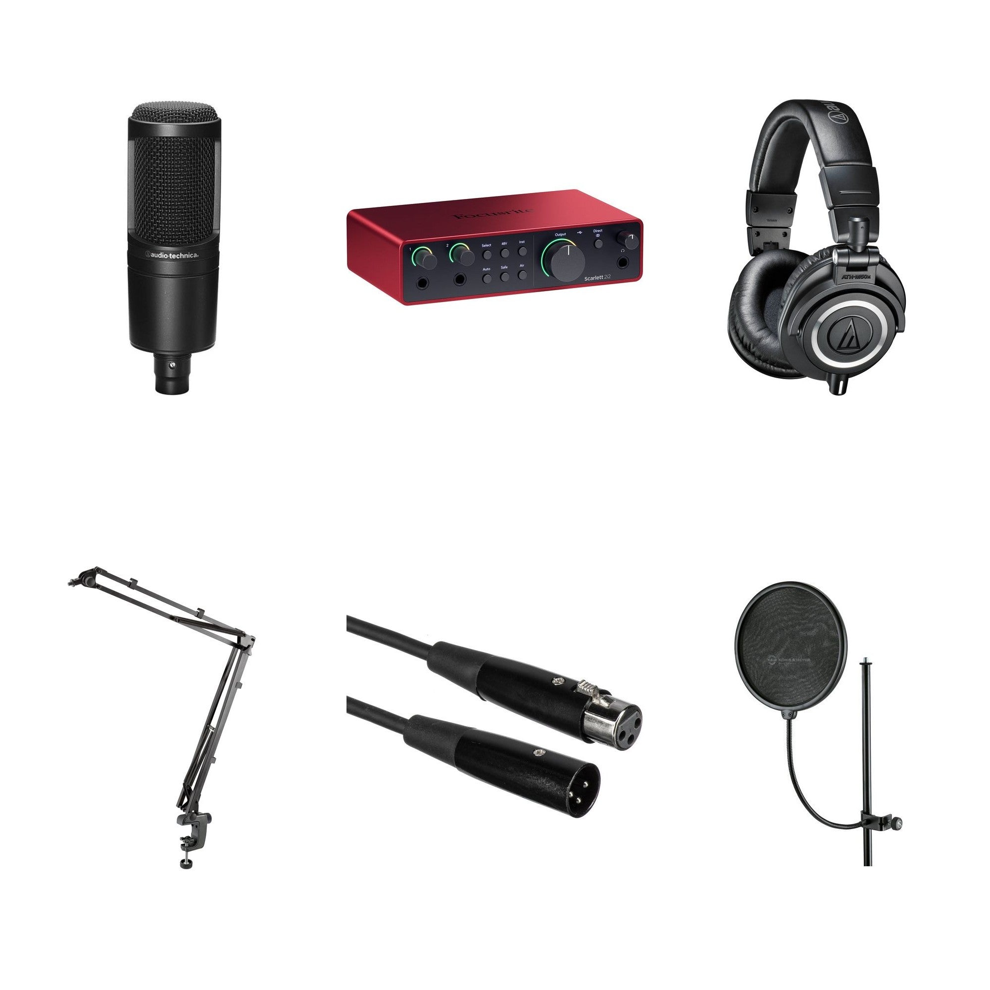 Audio-Technica AT 2020 studio microphone bundle with microphone, pop filter, and accessories for home recording and podcasting.