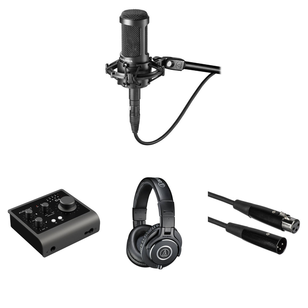 Audio-Technica AT 2035 home studio microphone bundle with microphone, pop filter, and accessories for professional recording.