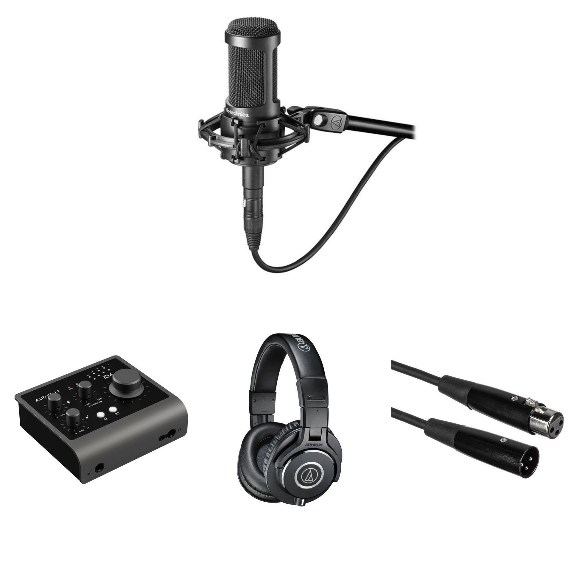 Audio-Technica AT 2035 microphone bundled with accessories for home studio setup, featuring the professional condenser microphone.