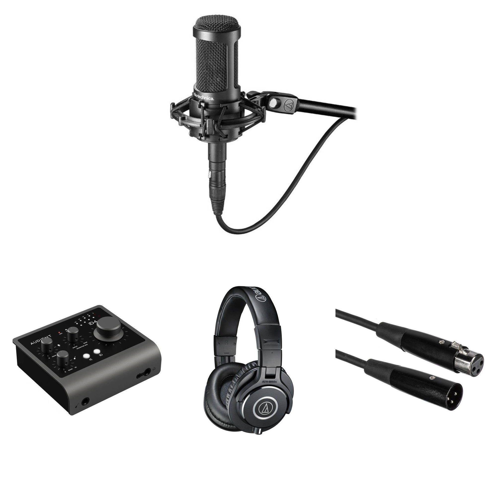 Audio-Technica AT 2035 home studio microphone bundle with microphone, pop filter, and accessories for professional recording.