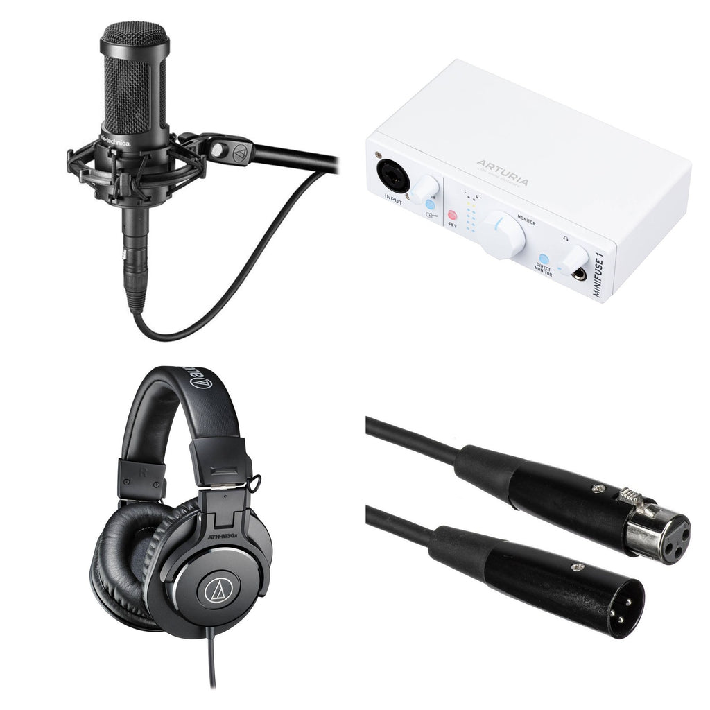 Audio-Technica AT 2035 podcast microphone bundle with microphone, stand, and accessories for professional recording setups.