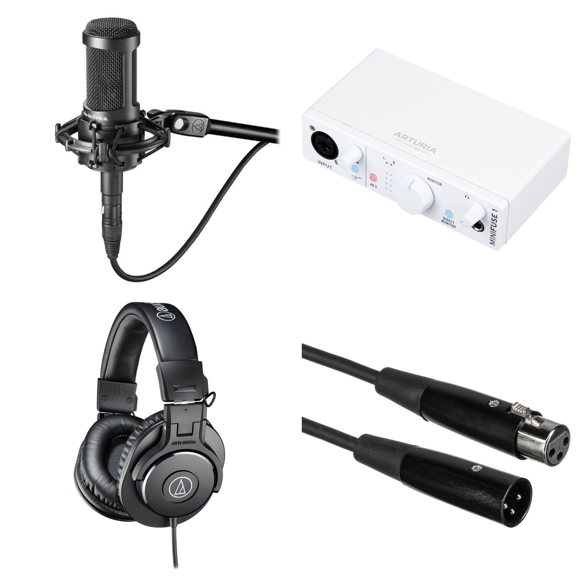 Audio-Technica AT 2035 podcast microphone bundle with microphone, stand, and accessories for professional recording setups.