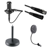 Audio-Technica AT 2035 microphone starter kit with microphone, shock mount, and accessories for professional audio recording.