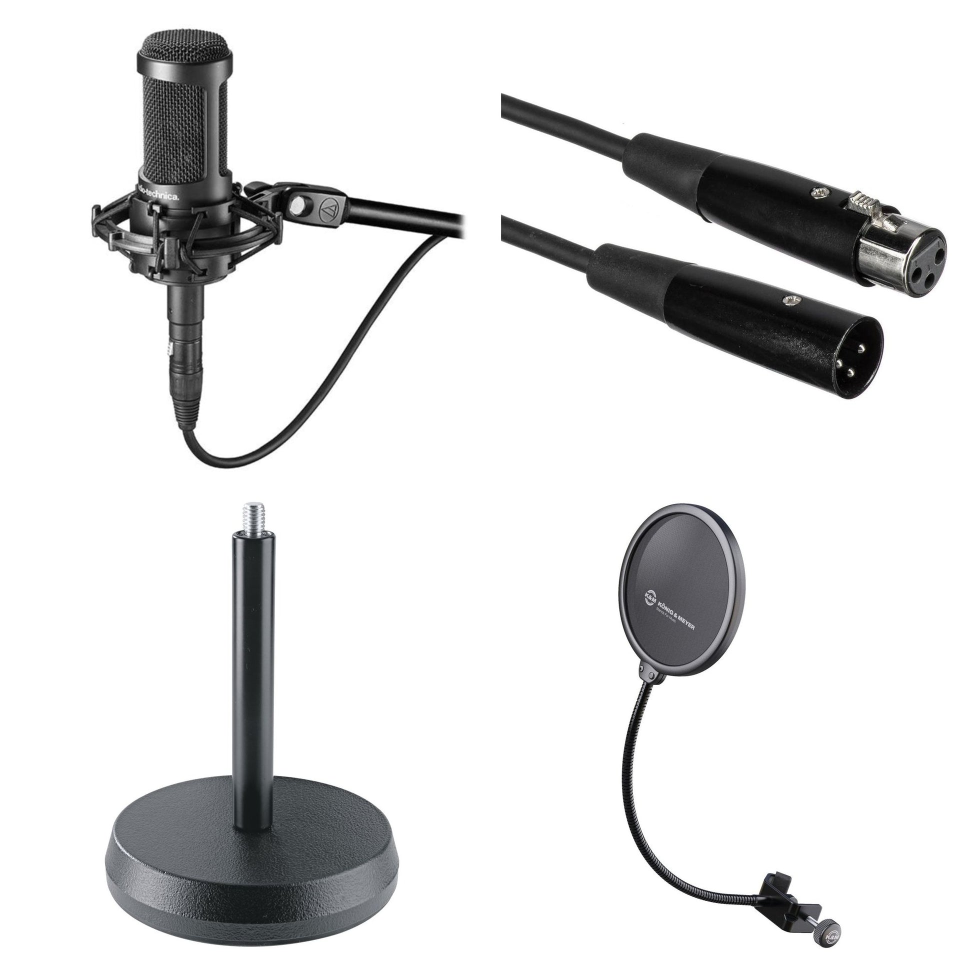 Audio-Technica AT 2035 microphone starter kit with microphone, shock mount, and accessories for professional audio recording.