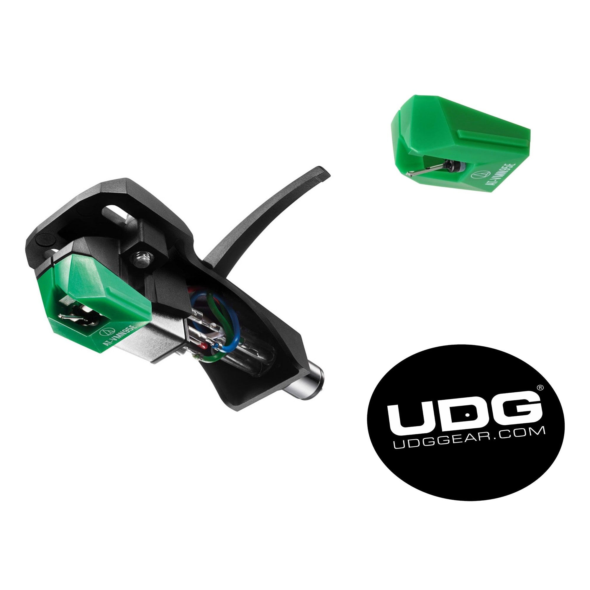 Audio-Technica AT-VM95E/H turntable starter kit with cartridge, stylus, and accessories for vinyl record playback.