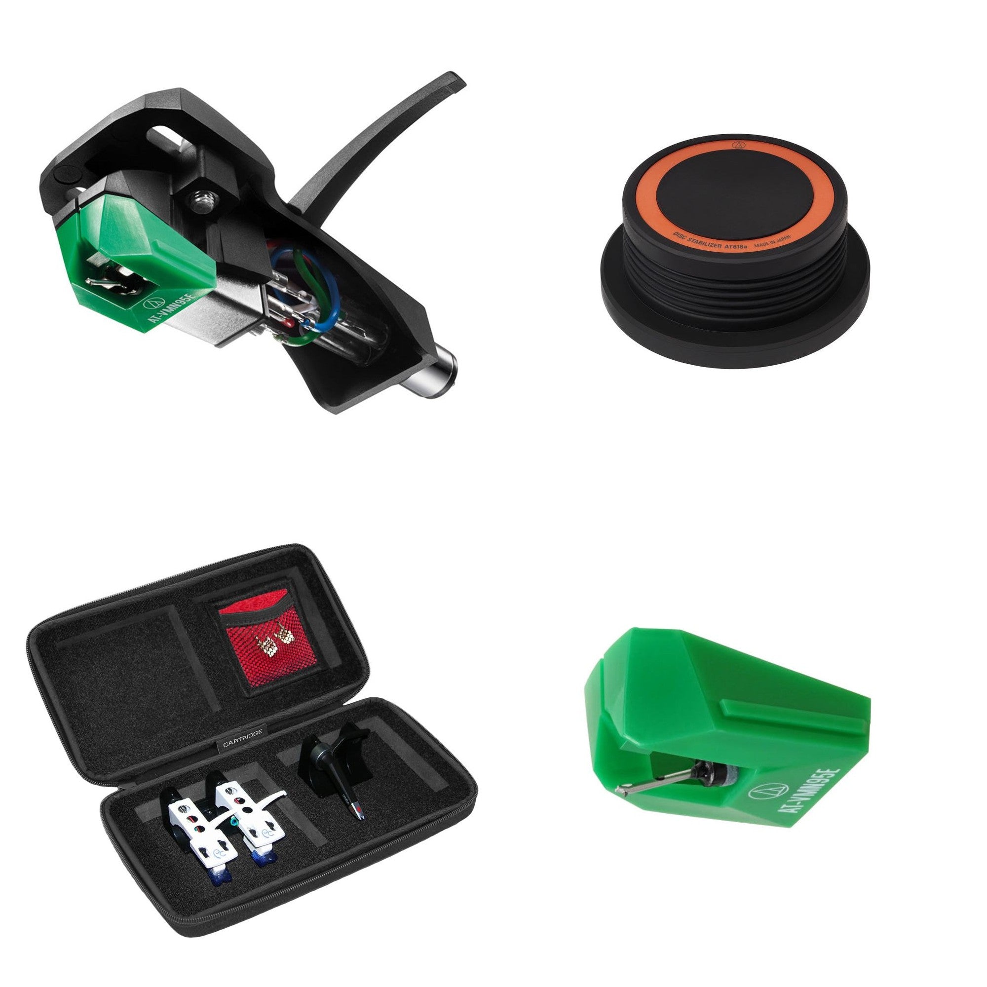 Audio-Technica AT-VM95E/H turntable upgrade kit with cartridge, stylus, and accessories for enhancing vinyl playback.
