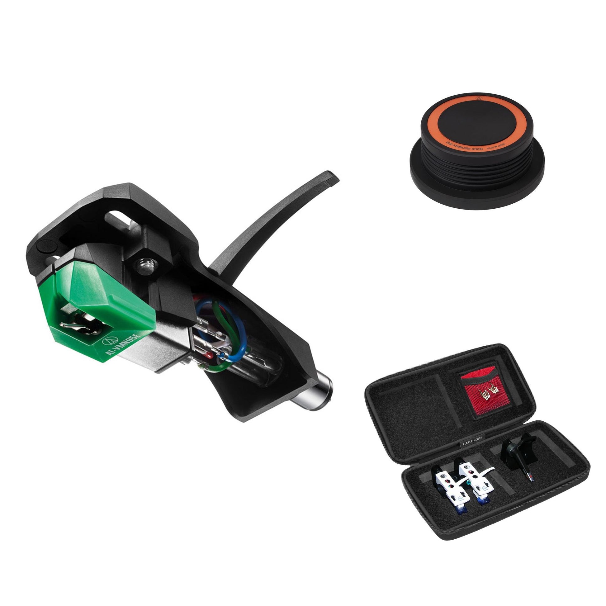 Audio-Technica AT-VM95E/H vinyl care set with cleaning supplies and accessories for turntable maintenance and record care.