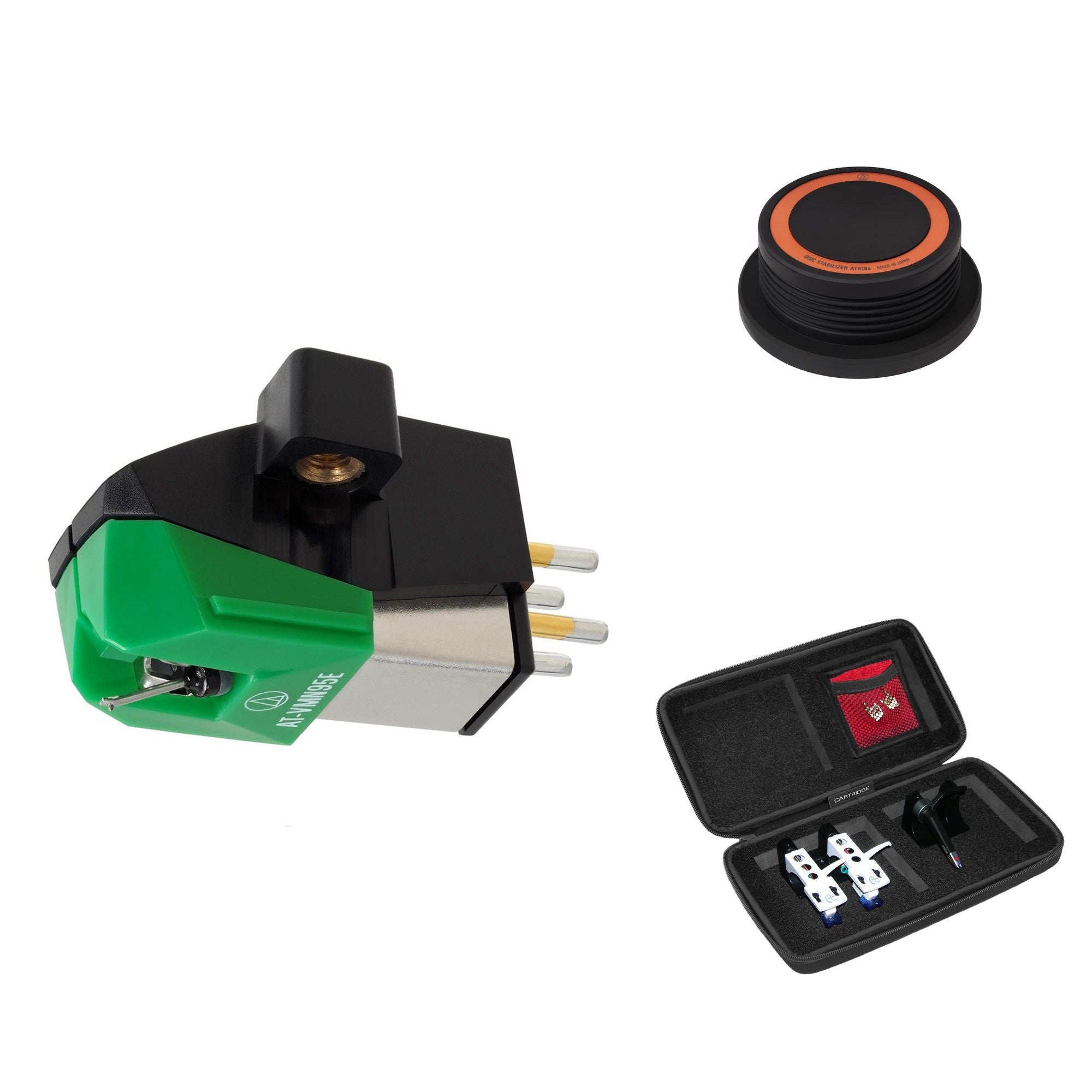 Audio-Technica AT-VM95E turntable upgrade kit with cartridge and accessories, designed for high-quality vinyl record playback.
