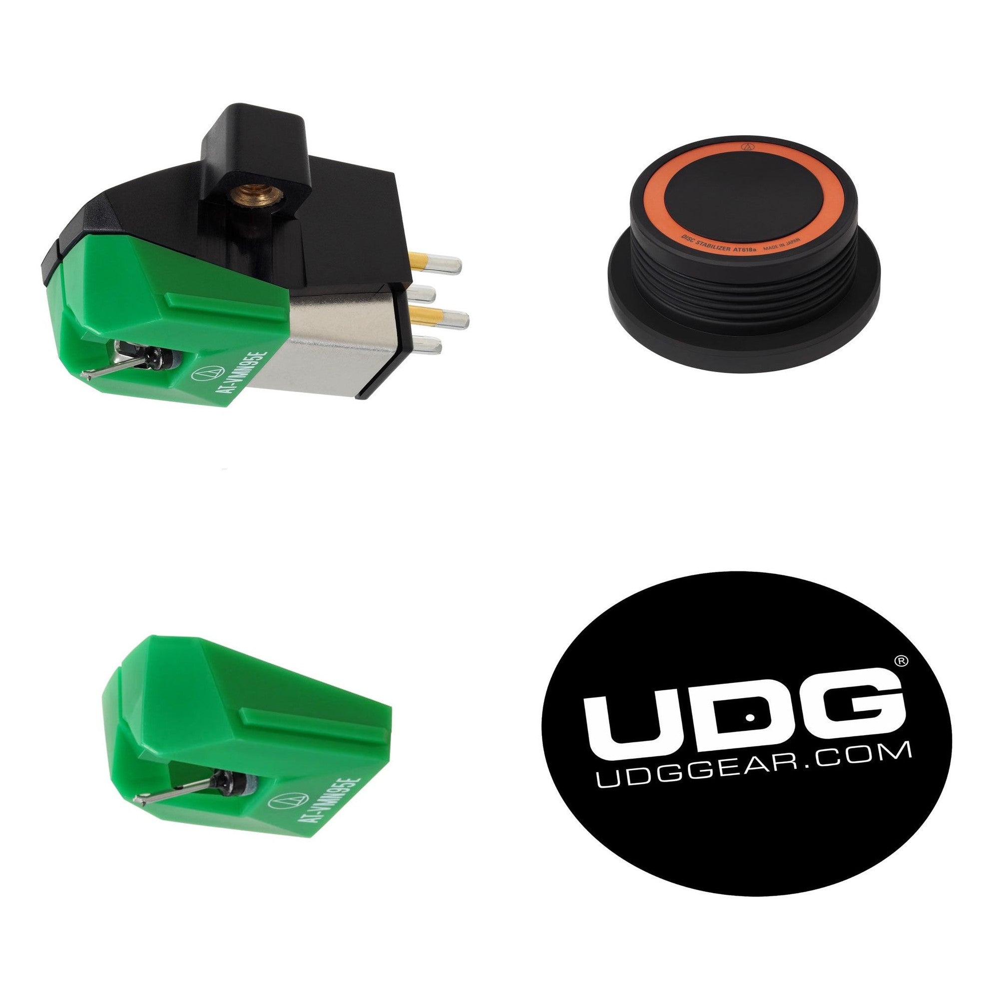 Audio-Technica AT-VM95E vinyl care set with cleaning brushes, stylus cleaner, and accessories for turntable maintenance.