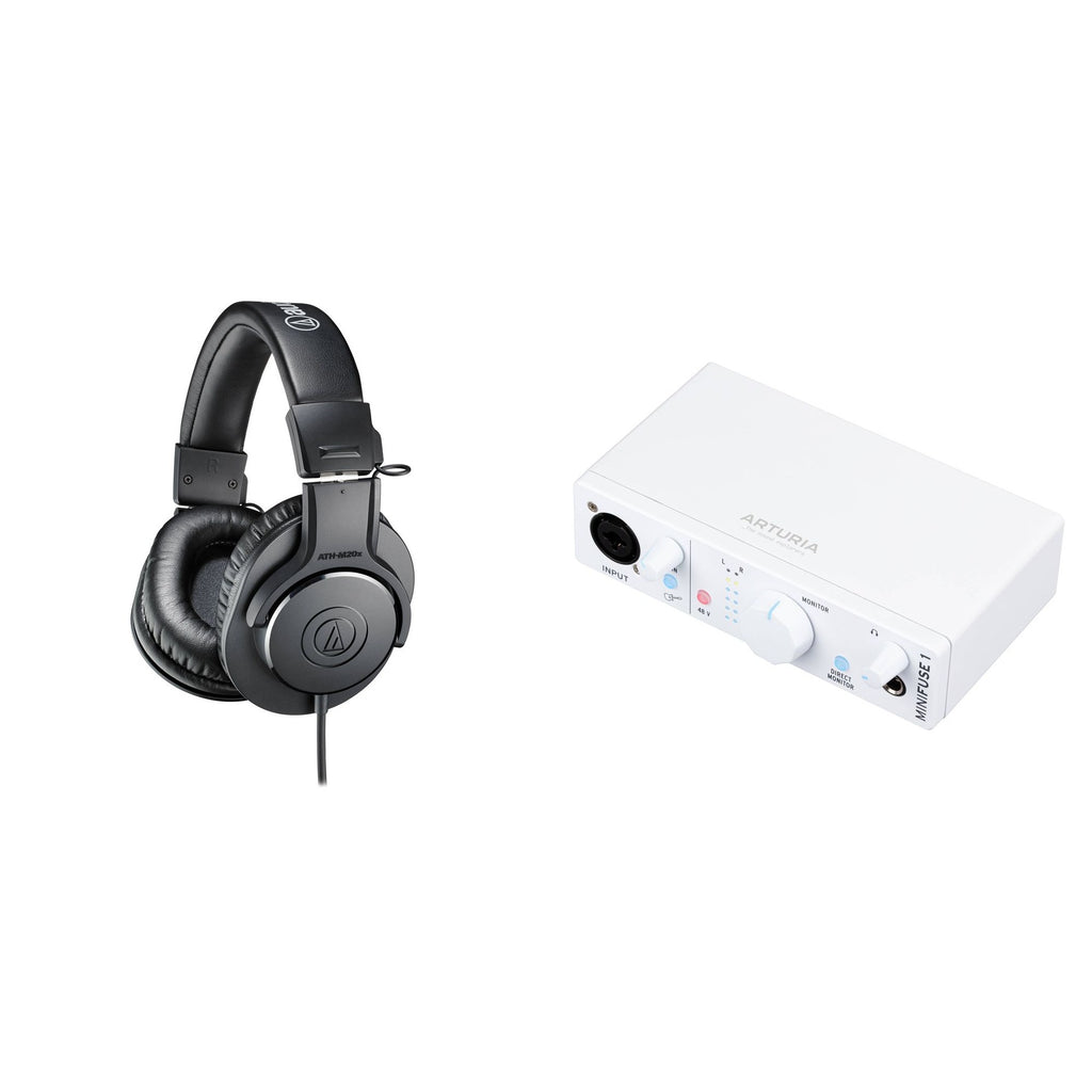Audio-Technica ATH-M20x home studio headphone bundle with professional over-ear headphones and accessories for music production.