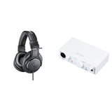 Audio-Technica ATH-M20x home studio headphones bundle shown with black over-ear headphones and accessories for music production.