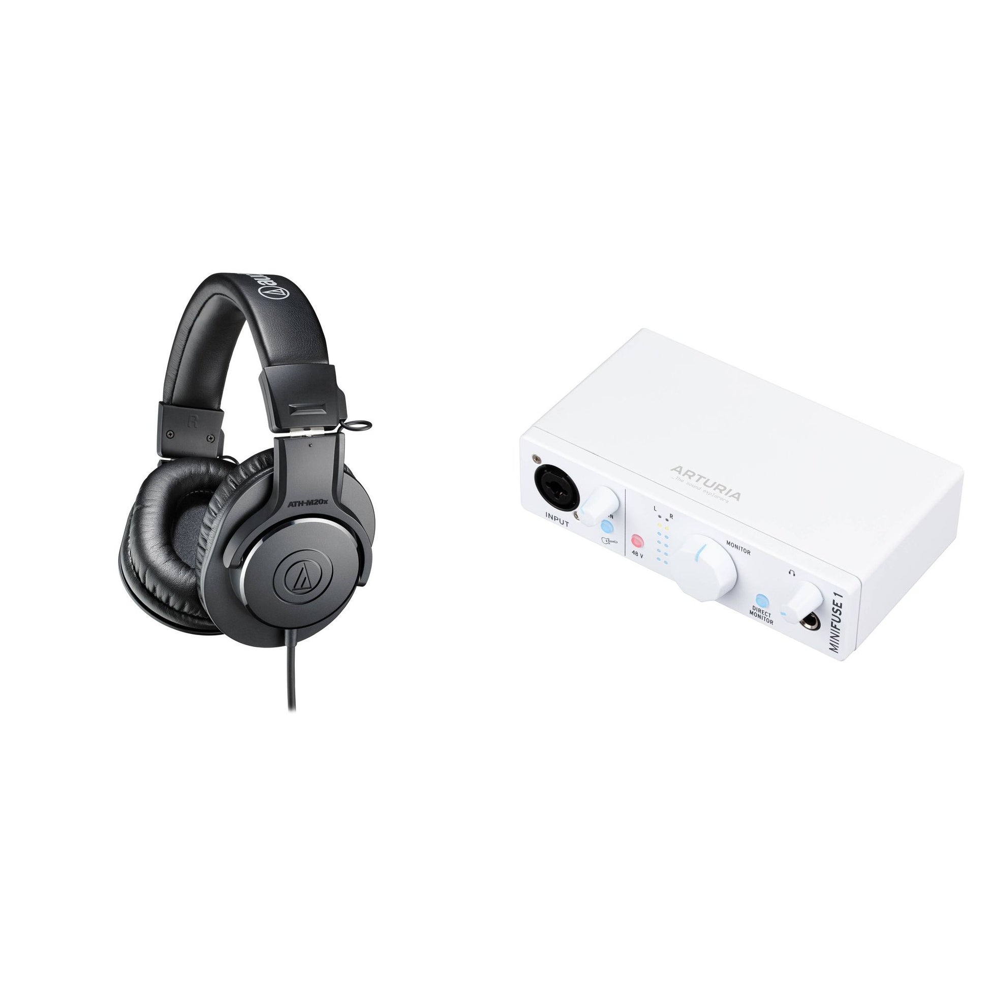 Audio-Technica ATH-M20x home studio headphones bundle shown with black over-ear headphones and accessories for music production.