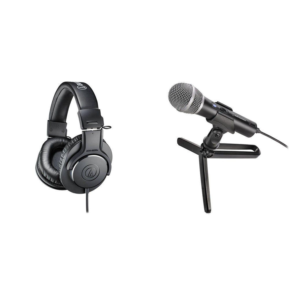 Audio-Technica ATH-M20x Podcaster Set with over-ear headphones and microphone, designed for audio recording and streaming.