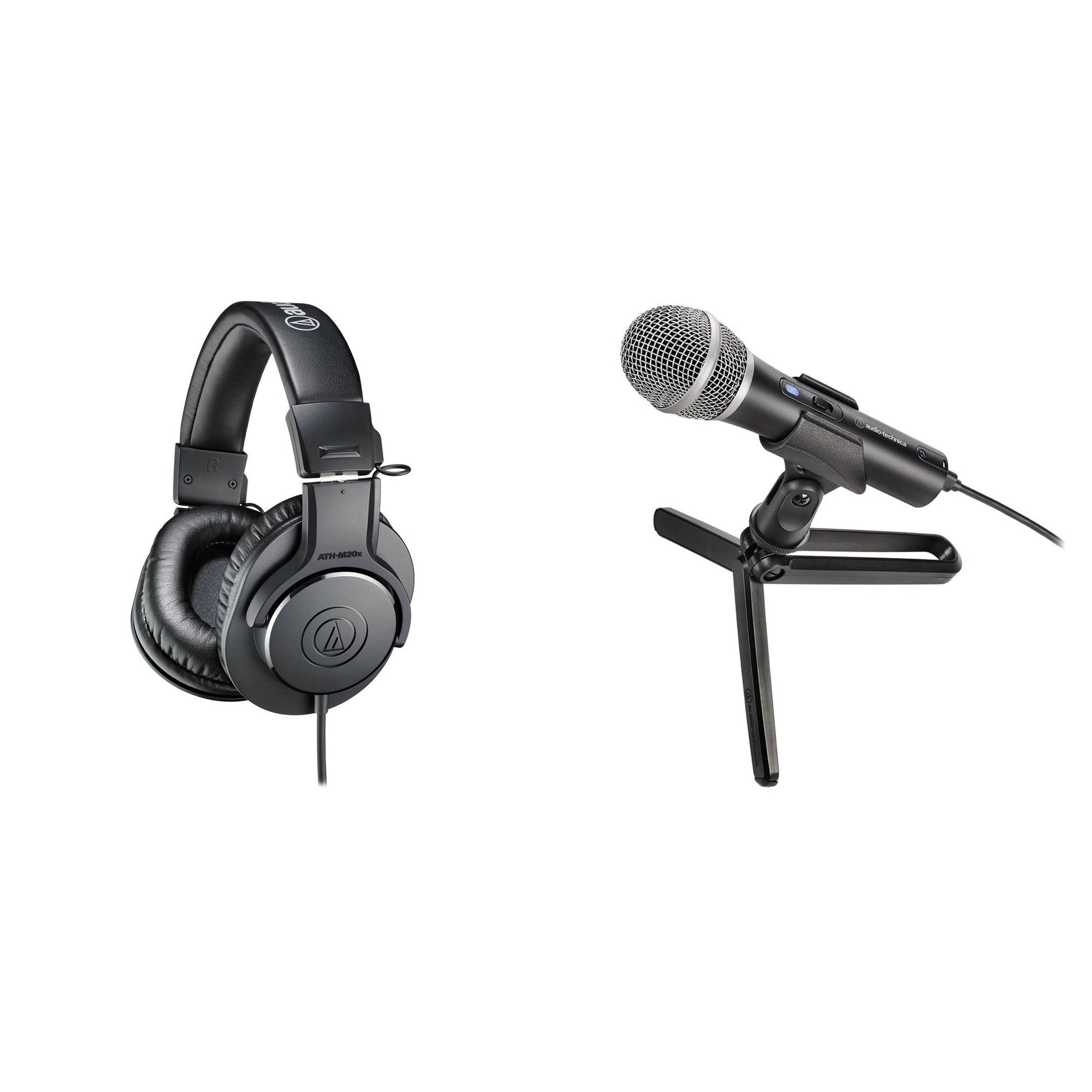 Audio-Technica ATH-M20x headphone podcaster set with headphones and microphone for recording and streaming.