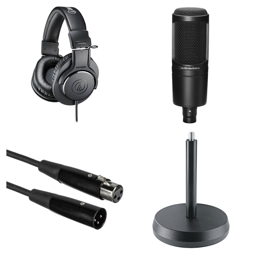 Audio-Technica ATH-M20x recording kit with headphones, microphone, and accessories for music and podcast recording.