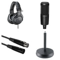 Audio-Technica ATH-M20x recording kit with headphones, microphone, and accessories for music and podcast recording.