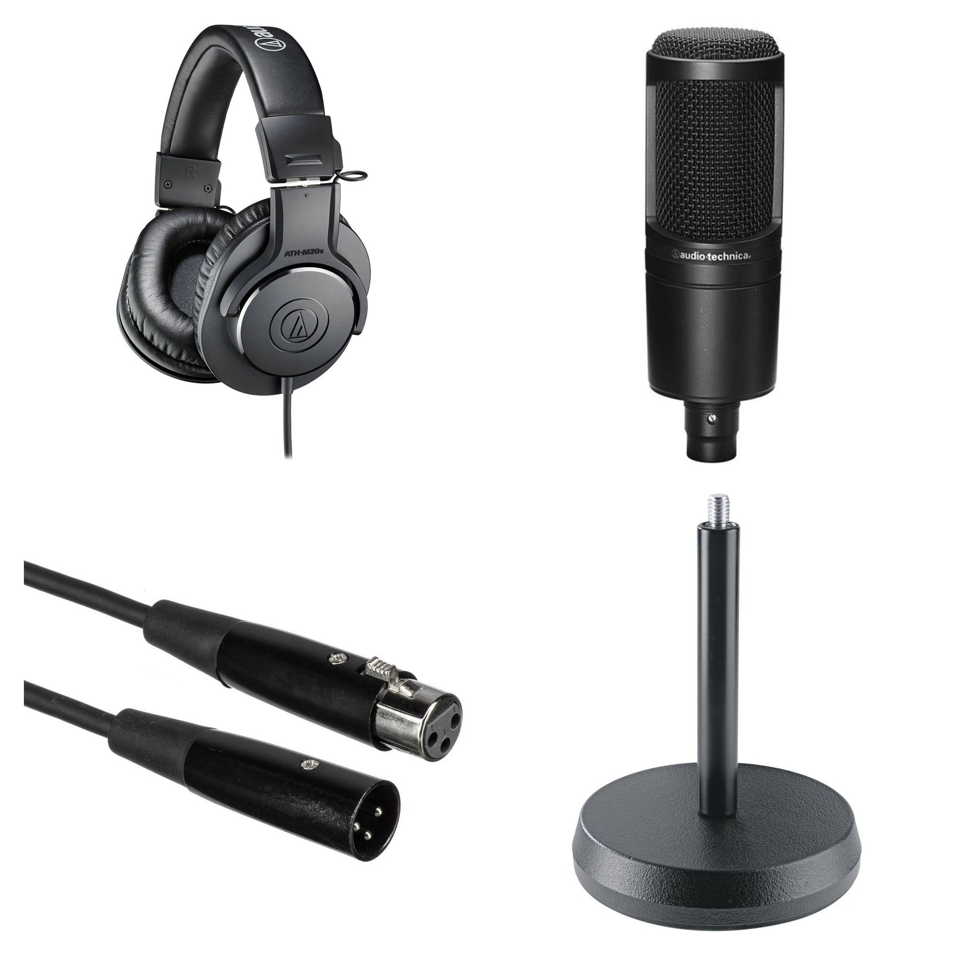 Audio-Technica ATH-M20x recording kit with headphones and accessories, ideal for music and audio recording.