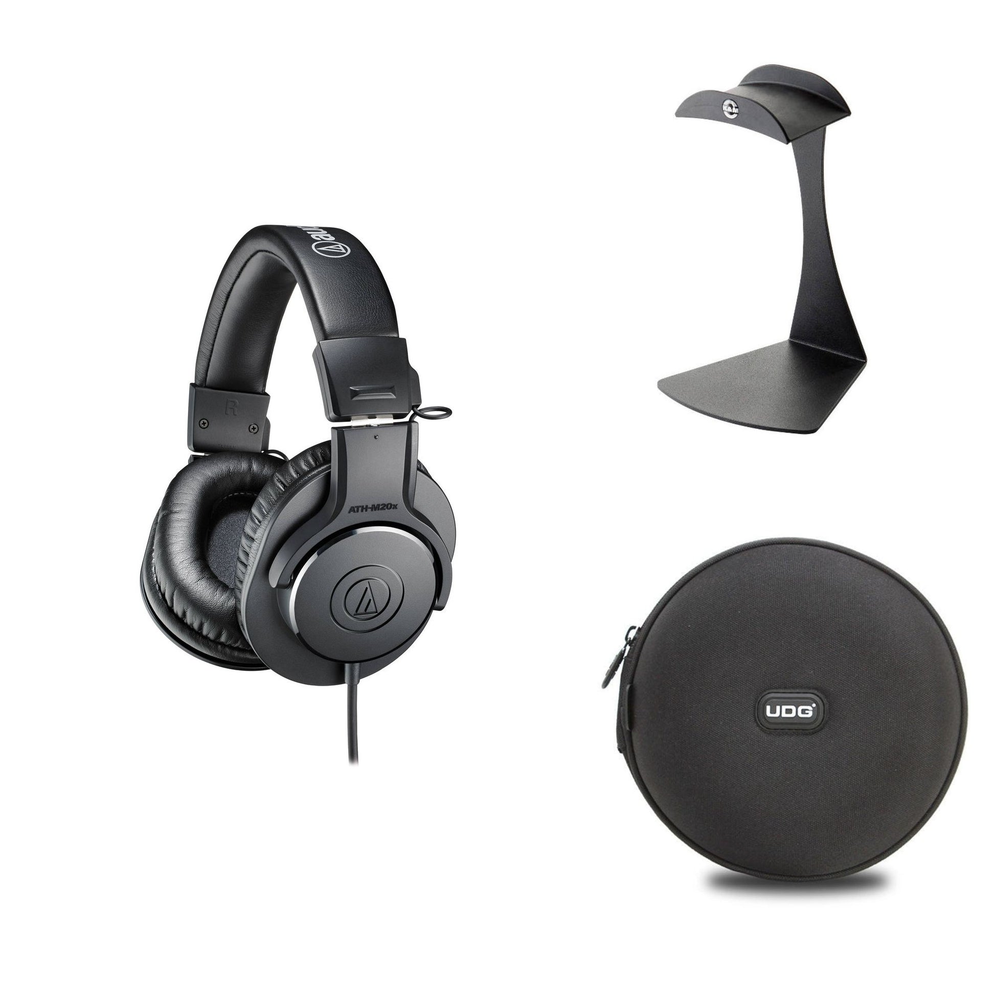 Audio-Technica ATH-M20x headphone bundle with headphones, carrying case, and accessories for beginners.