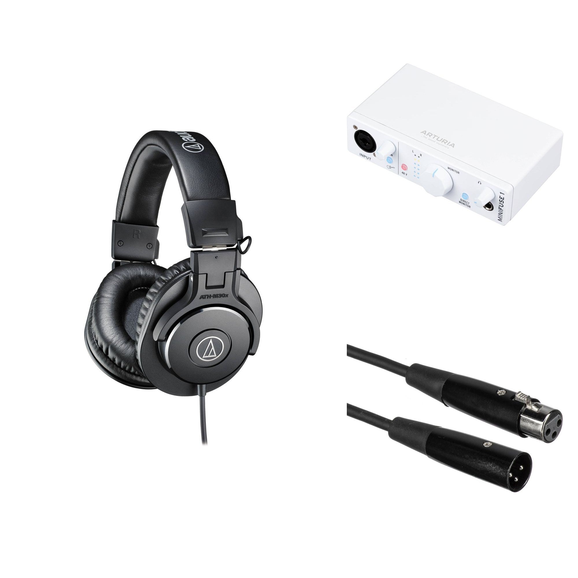 Audio-Technica ATH-M30x home studio headphone bundle with black over-ear headphones and accessories for professional audio monitoring.