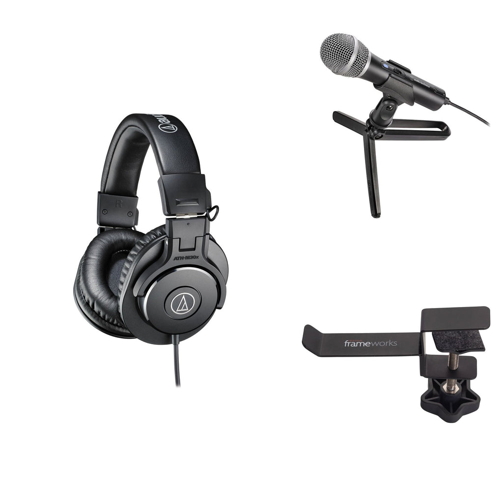 Audio-Technica ATH-M30x Podcaster Set featuring professional headphones and microphone for high-quality audio recording and monitoring.