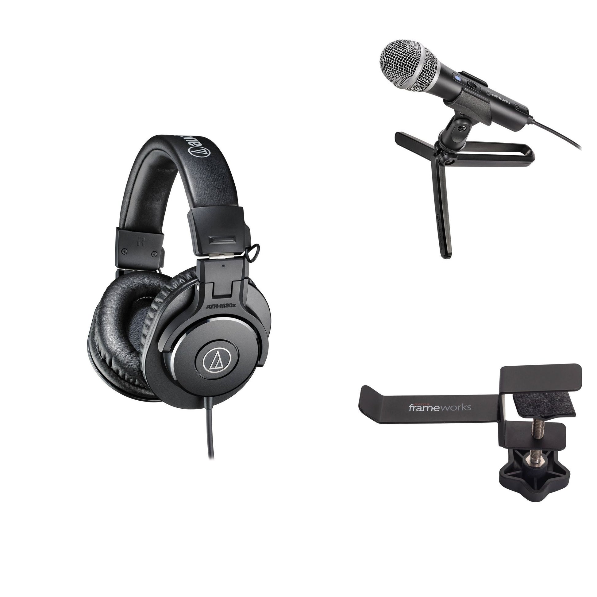 Audio-Technica ATH-M30x Podcaster Set with headphones and microphone bundle for recording and broadcasting.