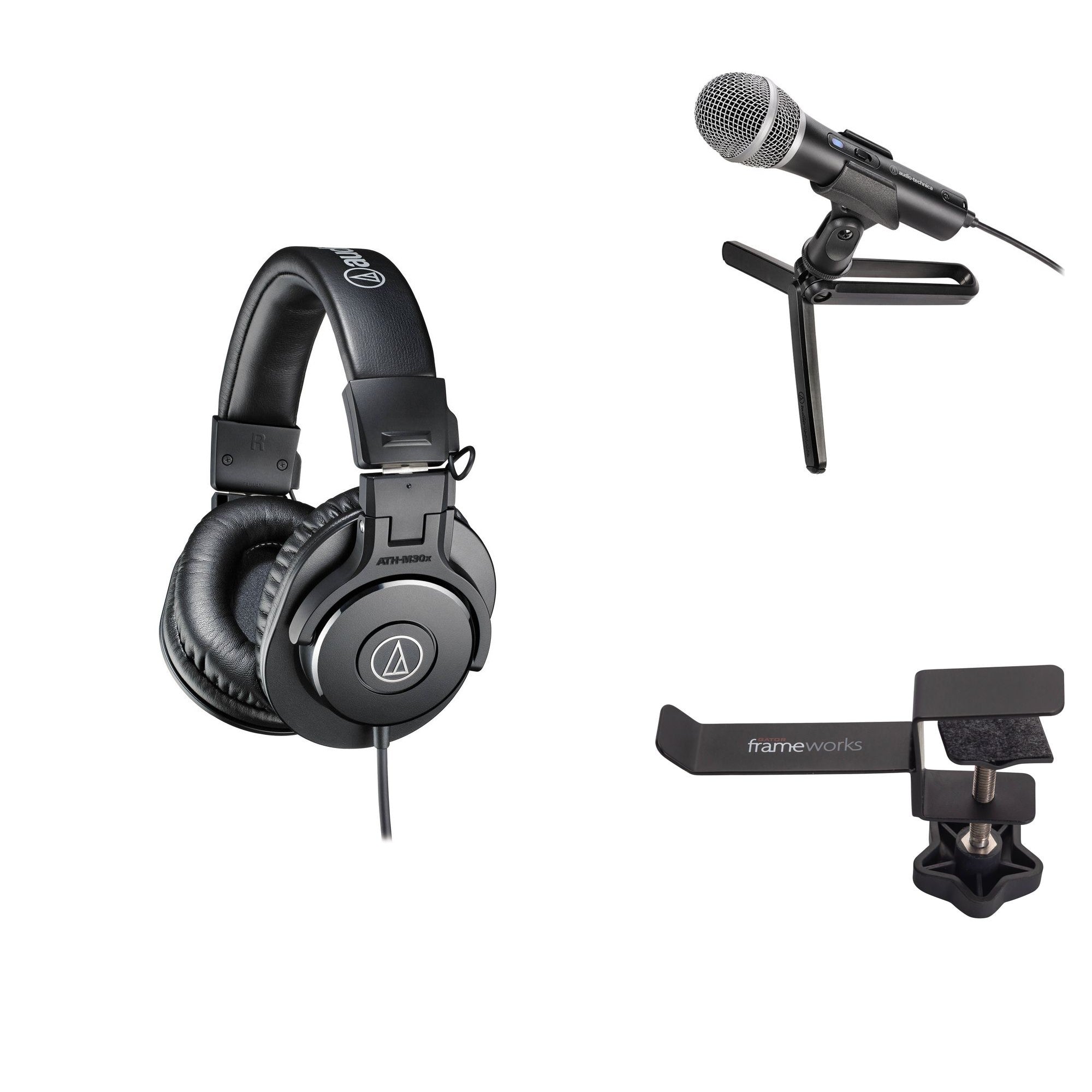 Audio-Technica ATH-M30x Podcaster Set featuring professional headphones and microphone for high-quality audio recording and monitoring.
