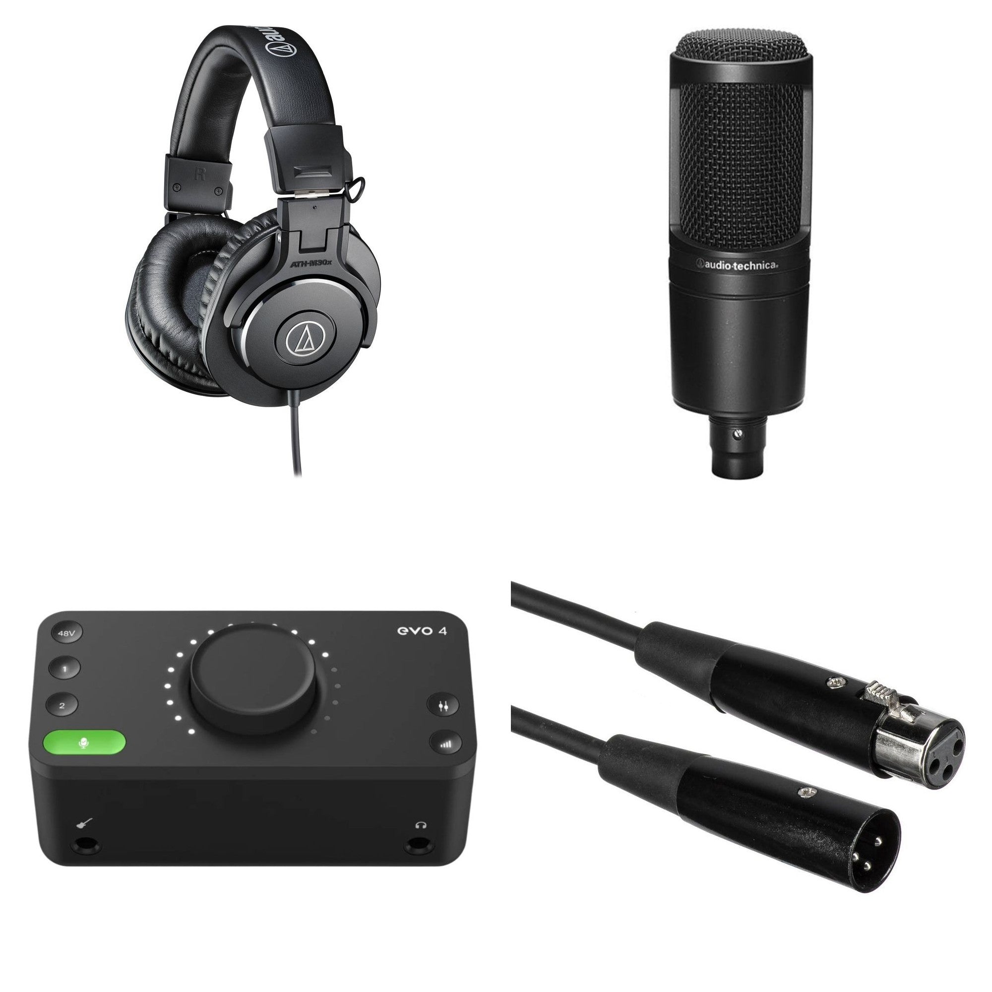 Audio-Technica ATH-M30x recording kit with headphones and accessories, designed for professional audio monitoring and recording.