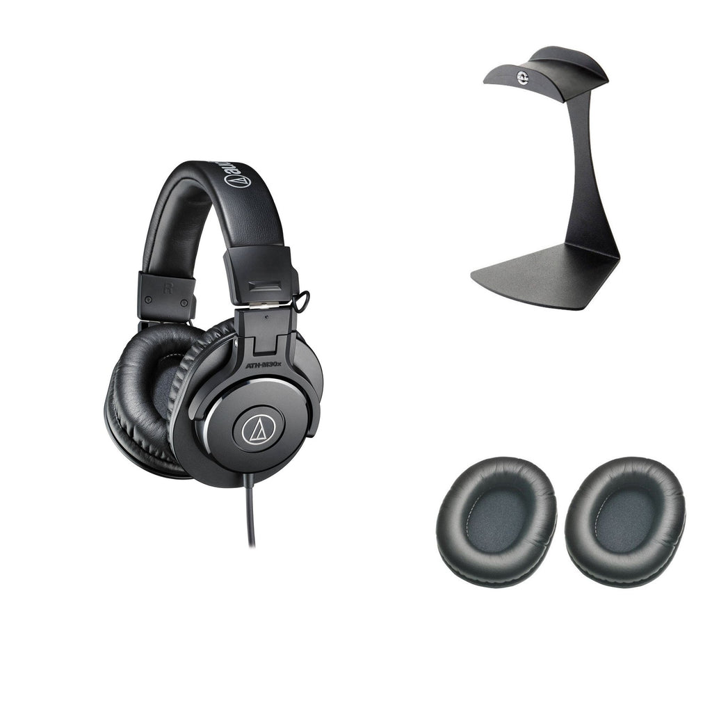 Audio-Technica ATH-M30x starter kit with headphones and accessories, showcasing the professional over-ear headphones and bundled components.