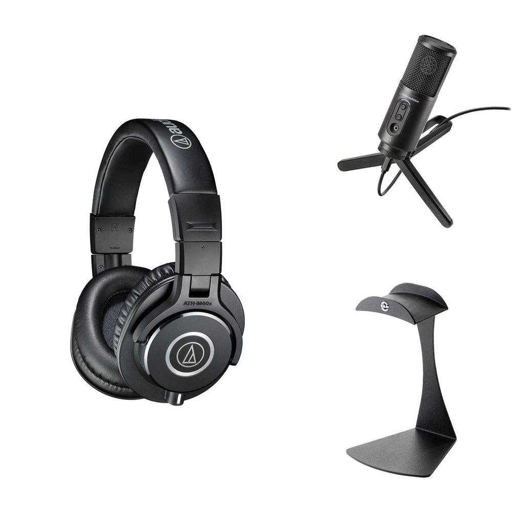 Audio-Technica ATH-M40x Podcaster Set with headphones, microphone, and accessories for professional audio recording.