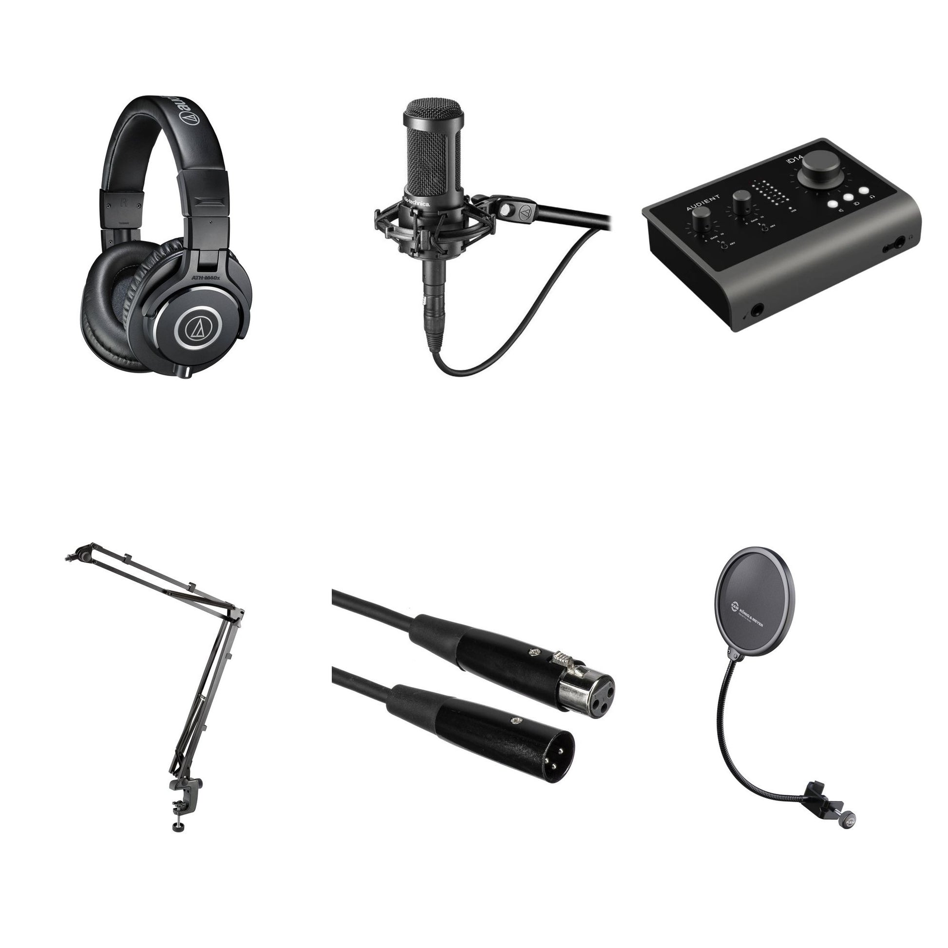 Audio-Technica ATH-M40x studio headphone bundle with headphones, accessories, and carrying case for professional audio use.