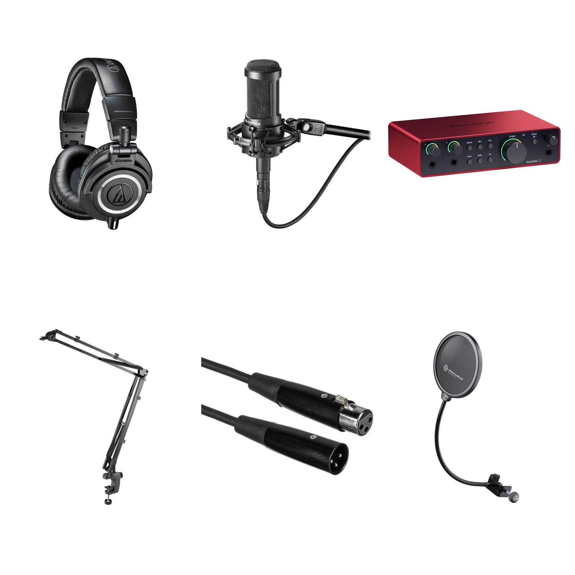 Audio-Technica ATH-M50x studio headphone bundle with headphones, accessories, and carrying case on a white background.