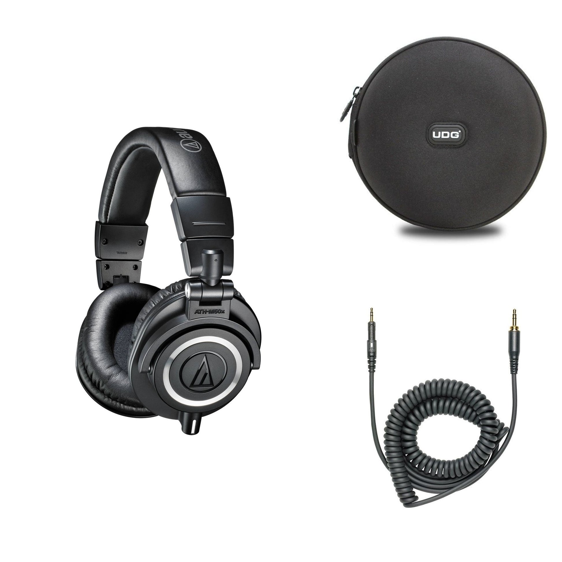 Audio-Technica ATH-M50x travel set featuring professional over-ear headphones and accessories in a compact bundle.