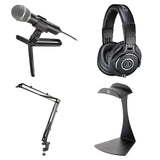 Audio-Technica ATR2100x-USB microphone bundle with stand and accessories for home studio recording setup.