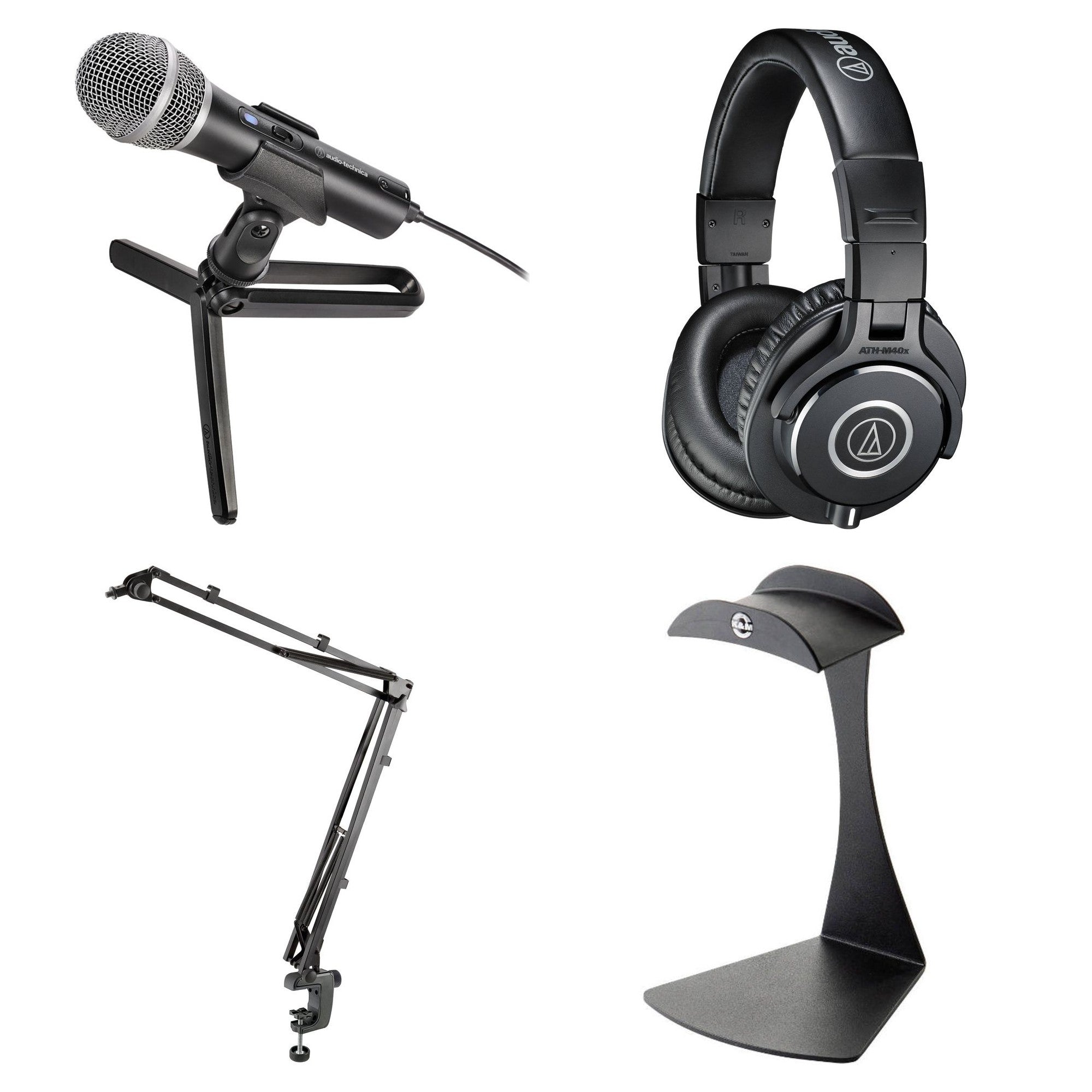 Audio-Technica ATR2100x-USB microphone bundle with stand and accessories for home studio recording setup.