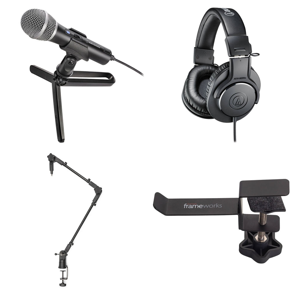 Audio-Technica ATR2100x-USB podcaster microphone set with microphone, stand, and accessories for high-quality audio recording.