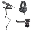Audio-Technica ATR2100x-USB podcaster microphone set with microphone, stand, and accessories for high-quality audio recording.