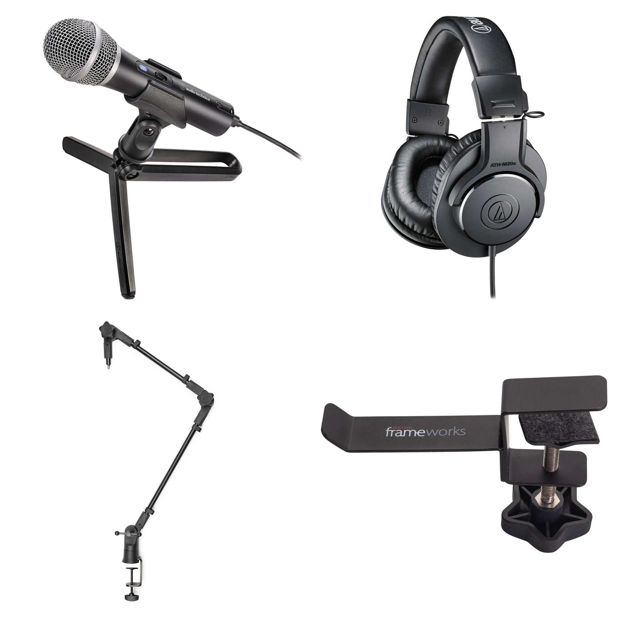 Audio-Technica ATR2100x-USB podcaster microphone set with microphone, stand, and accessories for high-quality audio recording.